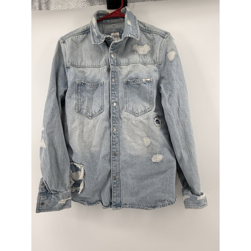 Zara Men's Small Relaxed Fit Distressed Denim Shirt Light Wash Button Up